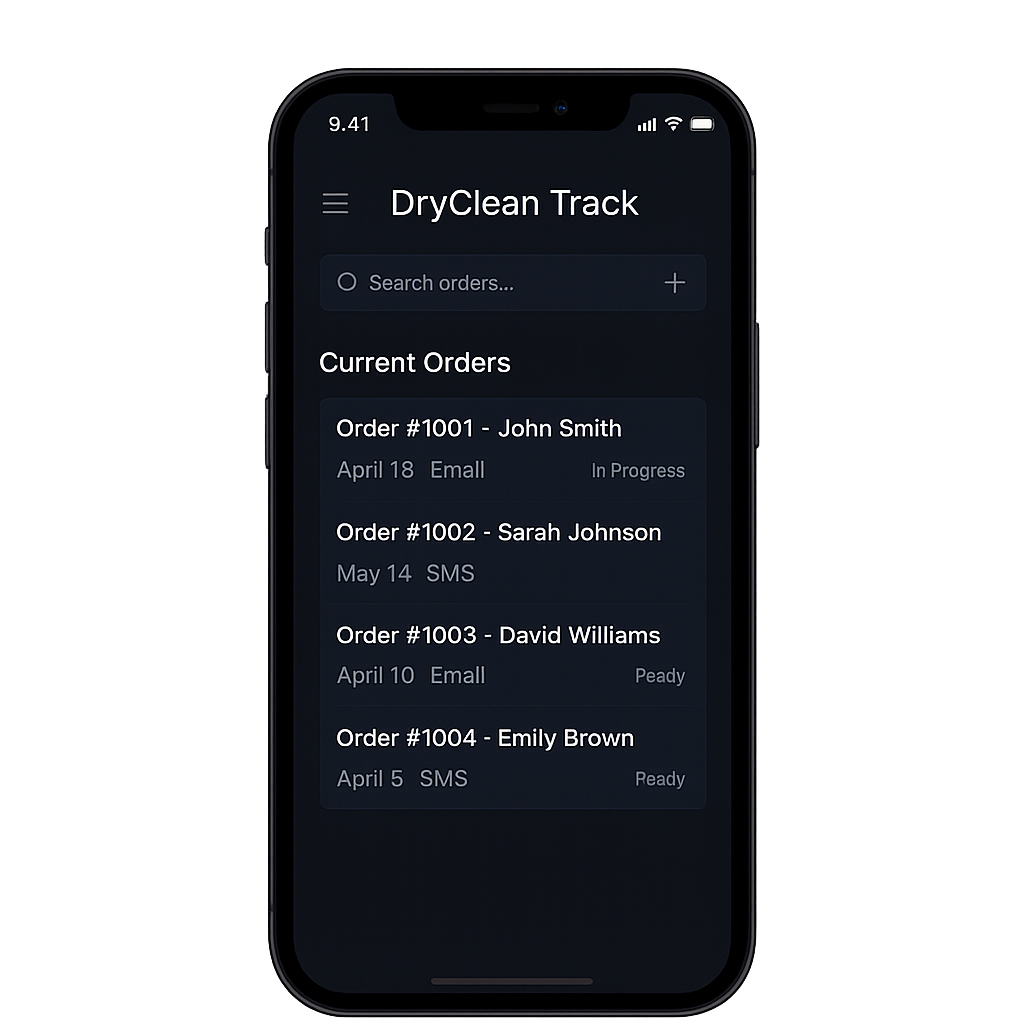 Drycleaner Track dashboard shown on mobile device